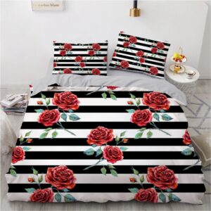 Parure de lit rayée noir et blanc à motif roses rouges. Bonne qualité, confortable et à la mode sur un lit dans une maison