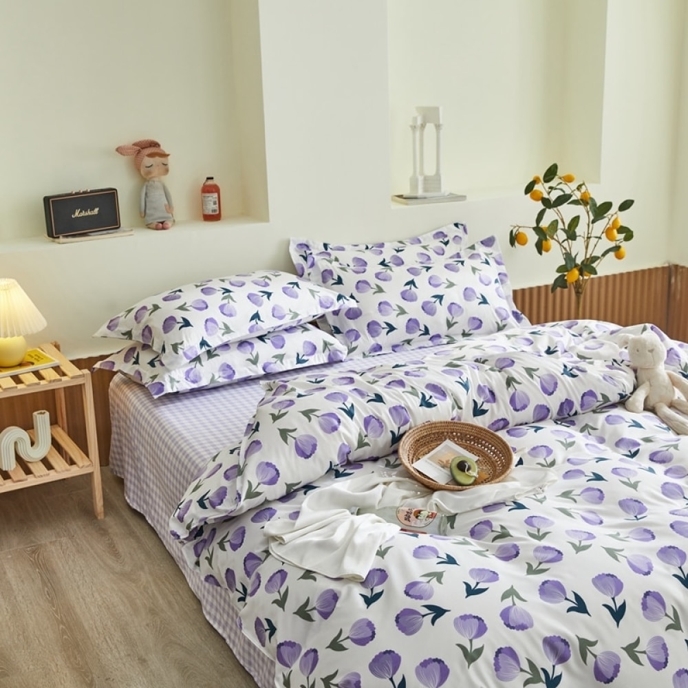 Parure de lit blanche à motif fleurs violettes 54769 482d6f