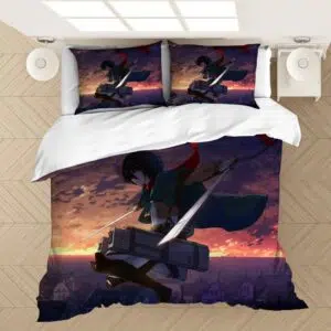 Parure de lit Mikasa Ackerman. Bonne qualité, confortable et à la mode sur un lit dans une maison