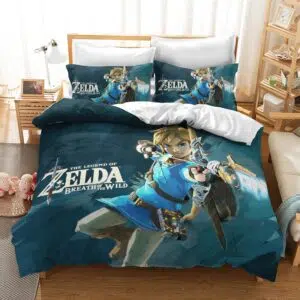 Parure de lit bleue imprimé Zelda. Bonne qualité, confortable et à la mode sur un lit dans une maison