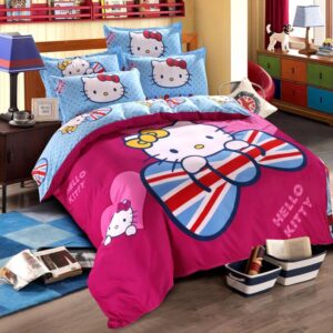 Parure de lit rose Hello Kitty à motif nœud. Bonne qualité, confortable et à la mode sur un lit dans une maison