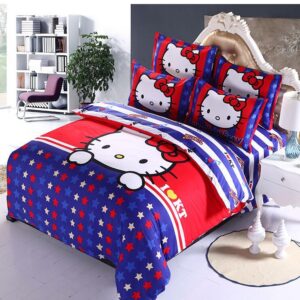 Parure de lit Hello kitty étoiles bleus et rouges. Bonne qualité, confortable et à la mode sur un lit dans une maison