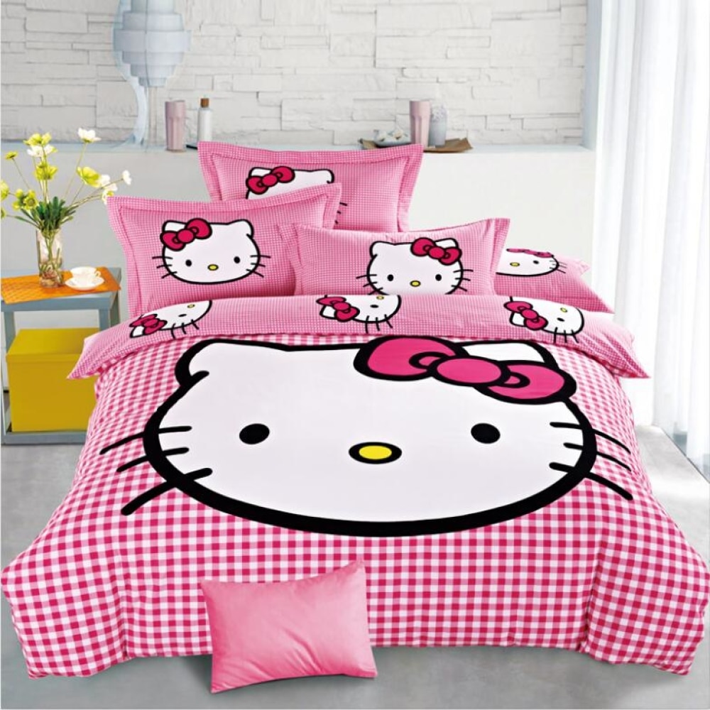 Parure De Lit Hello Kitty 1 Place - Housse De Couette 140x200 Cm + Taie 63x63 Cm - Microfibre Oeko-Tex - Rose Et Blanc à Rayures