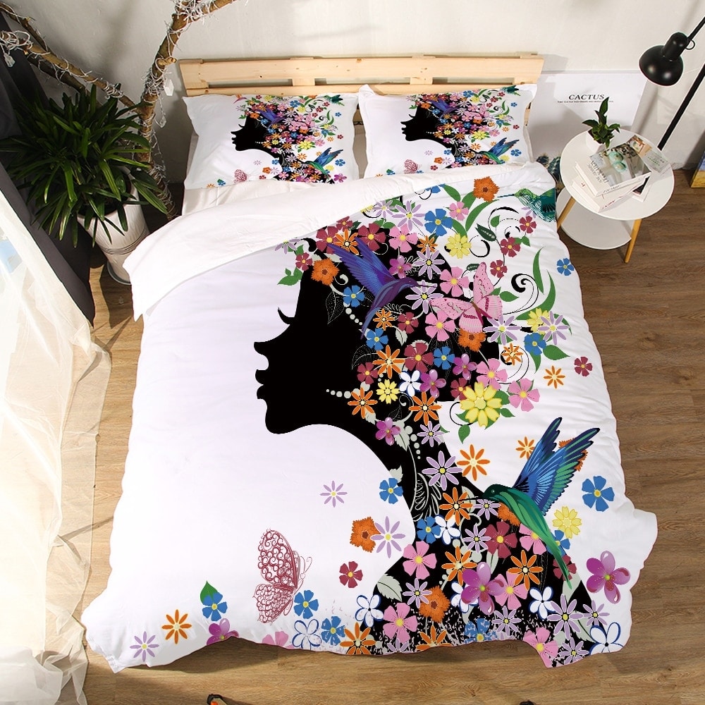 Parure de lit blanche à motif femme couverte de fleurs 55971 2ea129