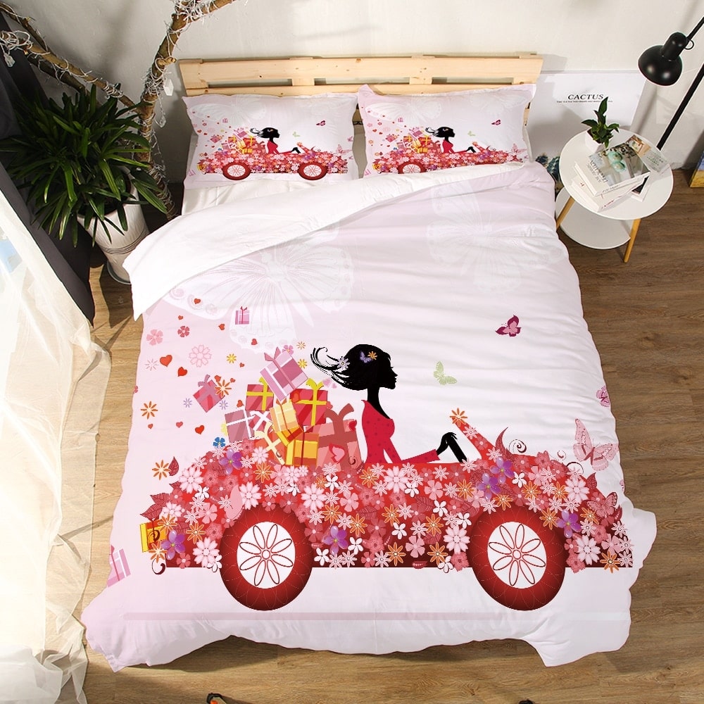 Parure de lit blanche à motif fille conduisant une auto couverte de fleurs 55971 601763