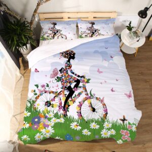 Parure de lit blanche à motif fille à vélo couverte de fleurs. Bonne qualité, confortable et à la mode sur un lit dans une maison