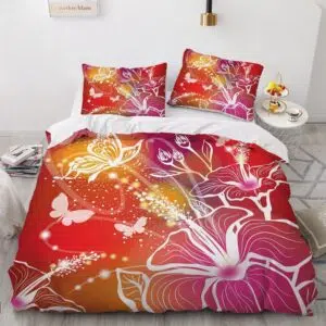 Parure de lit rouge, jaune et orange à motif fleur et papillons. Bonne qualité, confortable et à la mode sur un lit dans une maison