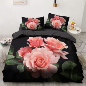 Parure de lit noir à motif roses rose. Bonne qualité, confortable et à la mode sur un lit dans une maison