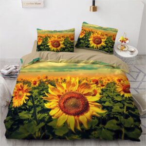 Parure de lit à motif tournesol. Bonne qualité, confortable et à la mode sur un lit dans une maison