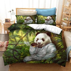 Parure de lit verte avec imprimé panda en costume. Bonne qualité, confortable et à la mode sur un lit dans une maison