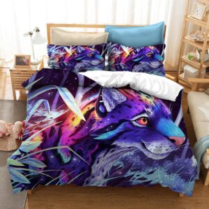 Parure de lit colorée avec imprimé lion. Bonne qualité, confortable et à la mode sur un lit dans une maison
