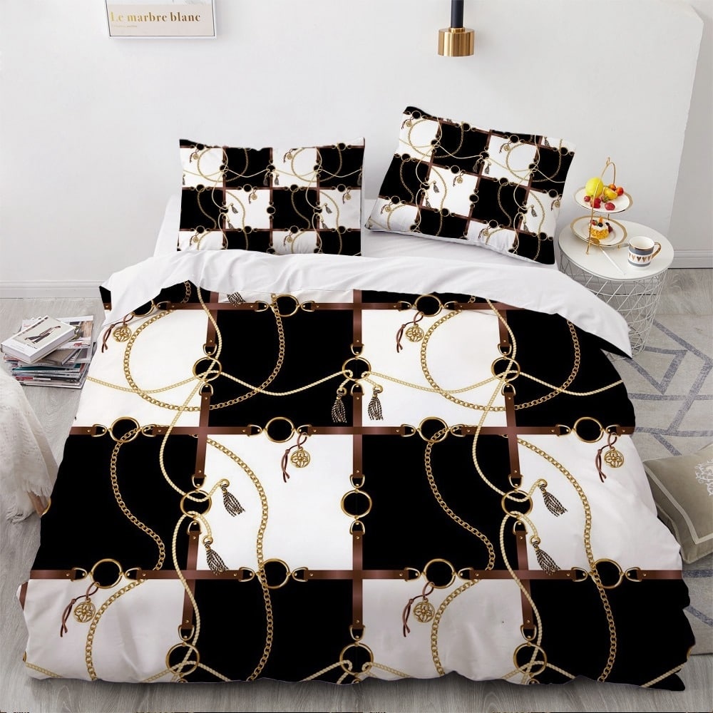 Parure de lit à motif carreaux noir et blanc et chaîne en or 57328 a8515d