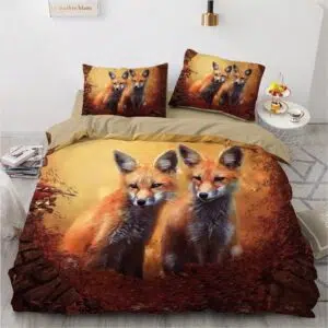 Parure de lit camel avec imprimé deux petits renards. Bonne qualité, confortable et à la mode sur un lit dans une maison