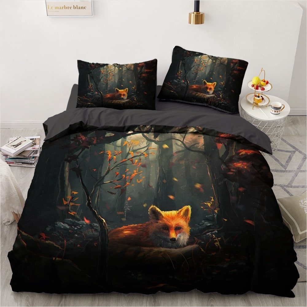 Parure de lit noire à motif renard dans la forêt 57387 c343ba
