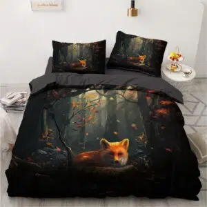 Parure de lit noire à motif renard dans la forêt. Bonne qualité, confortable et à la mode sur un lit dans une maison
