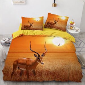 Parure de lit camel à motif renne au coucher du soleil. Bonne qualité, confortable et à la mode sur un lit dans une maison