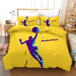 Parure de lit jaune à motif homme faisant un dunk. Bonne qualité, confortable et à la mode sur un lit dans une maison