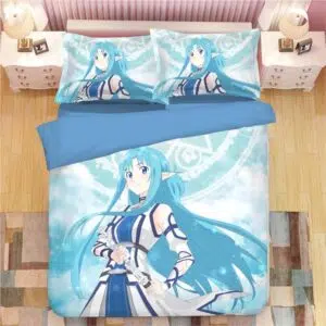Parure de lit bleu avec imprimé Sarah Della. Bonne qualité, confortable et à la mode sur un lit dans une maison