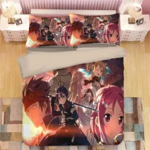 Parure de lit avec imprimé personnages de Sword Art Online. Bonne qualité, confortable et à la mode sur un lit dans une maison