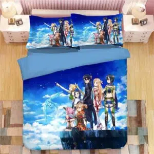 Parure de lit bleu à motif Kirito de Sword Art Online et sa bande. Bonne qualité, confortable et à la mode sur un lit dans une maison