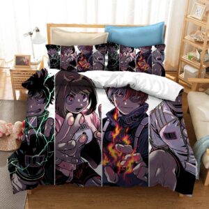 Parure de lit avec imprimé personnages de My Hero Academia. Bonne qualité, confortable et à la mode sur un lit dans une maison