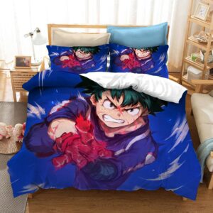 Parure de lit bleu à motif Midoriya Izuku en pleine attaque. Bonne qualité, confortable et à la mode sur un lit dans une maison