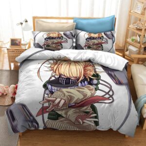 Parure de lit blanche à motif Himiko Toga de My Hero Academia. Bonne qualité, confortable et à la mode sur un lit dans une maison