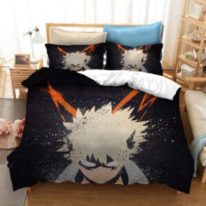 Parure de lit noir à motif Katsuki Bakugo de My Hero Academia. Bonne qualité, confortable et à la mode sur un lit dans une maison