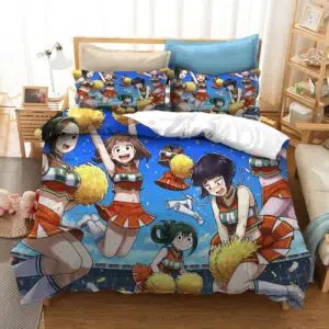Parure de lit bleu à motif pom-pom girl My Hero Academia; Bonne qualité, confortable et à la mode sur un lit dans une maison