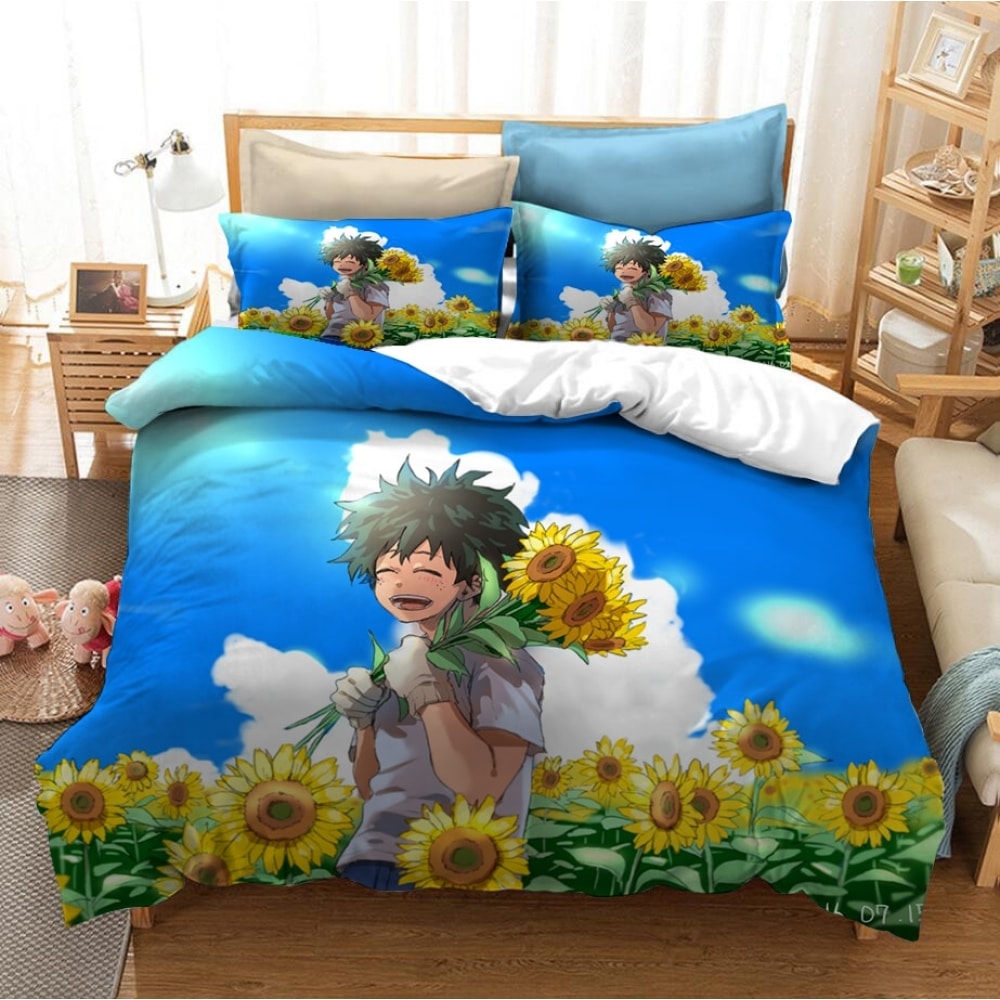 Parure de lit avec imprimé Midoriya Izuku dans un champ de tournesols 59079 ad63ed