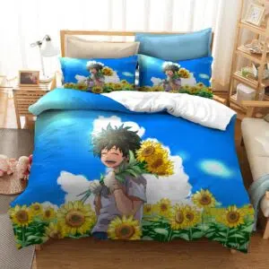 Parure de lit avec imprimé Midoriya Izuku dans un champ de tournesols. Bonne qualité, confortable et à la mode sur un lit dans une maison