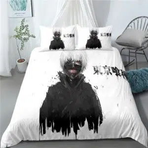 Parure de lit blanche à motif Ken Kaneki de Tokyo Ghoul. Bonne qualité, confortable et à la mode sur un lit dans une maison