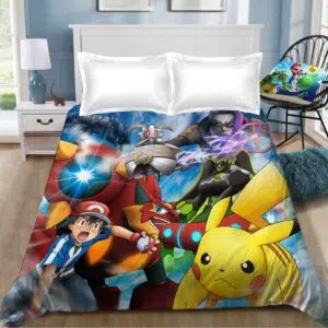 Parure de lit Sacha avec ses Pokémons. Bonne qualité, confortable et à la mode sur un lit dans une maison