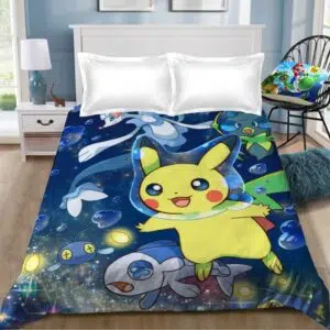 Parure de lit Pikachu sous l'eau. Bonne qualité, confortable et à la mode sur un lit dans une maison