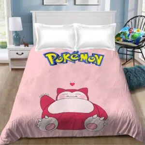 Parure de lit rose Pokémon Ronflex. Bonne qualité, confortable et à la mode sur un lit dans une maison