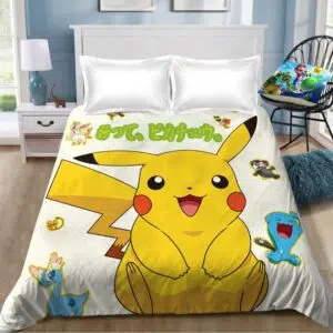 Parure de lit blanche Pikachu. Bonne qualité, confortable et à la mode sur un lit dans une maison