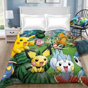 Parure de lit Pokémon en train de jouer. Bonne qualité, confortable et à la mode sur un lit dans une maison