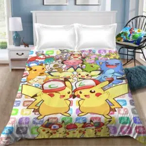 Parure de lit Pikachu avec ses amis Pokémon. Bonne qualité, confortable et à la mode sur un lit dans une maison