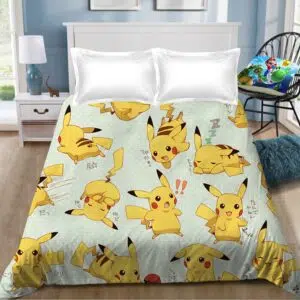 Parure de lit bleu ciel Pokémon Pikachu. Bonne qualité, confortable et à la mode sur un lit dans une maison