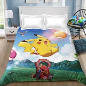 Parure de lit Pikachu et Sacha avec ses Pokémons. Bonne qualité, confortable et à la mode sur un lit dans une maison