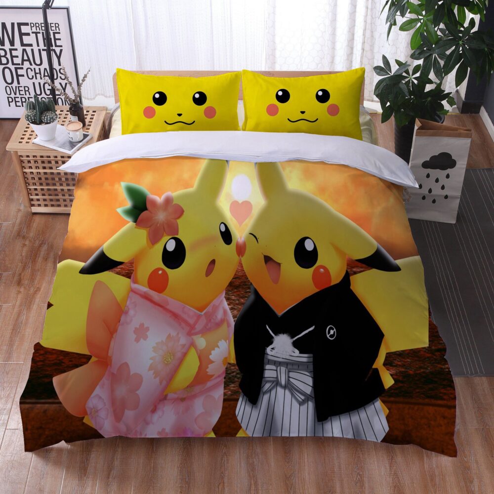 Parure de lit Pokémon couple Pikachu? Bonne qualité, confortable et à la mode sur un lit dans une maison