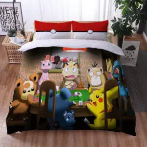 Parure de lit Pokémons qui jouent aux cartes. Bonne qualité, confortable et à la mode sur un lit dans une maison