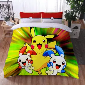 Parure de lit Pokémons électriques. Bonne qualité, confortable et à la mode sur un lit dans une maison