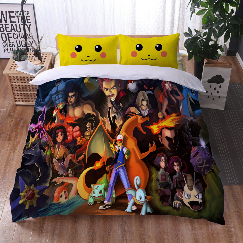 Parure de lit Pokémon avec dresseurs. Bonne qualité, confortable et à la mode sur un lit dans une maison