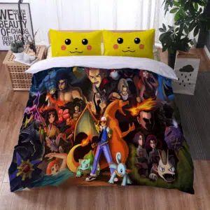 Parure de lit Pokémon avec dresseurs. Bonne qualité, confortable et à la mode sur un lit dans une maison