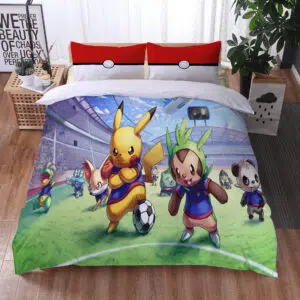 Parure de lit Pokémon "Pikachu Football". Bonne qualité, confortable et à la mode sur un lit dans une maison