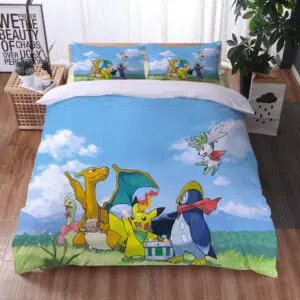 Parure de lit camping Pokémon. Bonne qualité, confortable et à la mode sur un lit dans une maison