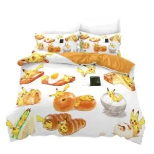 Parure de lit patisserie et Pikachu. Bonne qualité, confortable et à la mode sur un lit dans une maison
