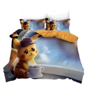 Parure de lit avec imprimé Pikachu. Bonne qualité, confortable et à la mode sur un lit dans une maison