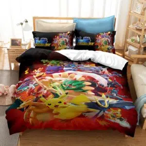 Parure de lit rouge et noir avec imprimé Pokémons. Bonne qualité, confortable et àla mode sur un lit dans une maison